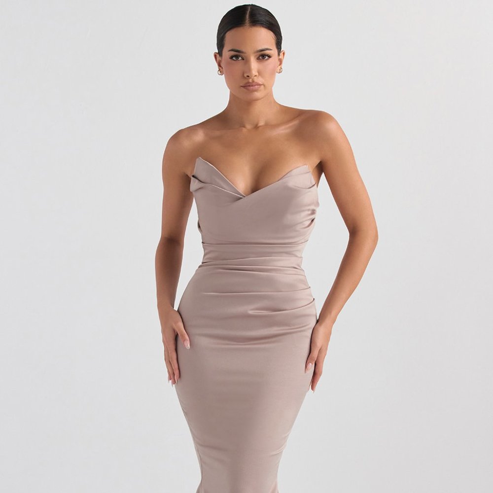 HOUSE OF CB - FLEUR MUSHROOM SATIN STRAPLESS GOWN